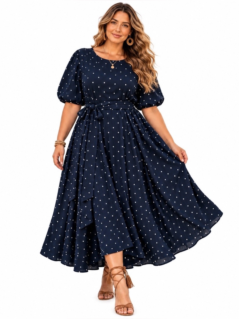 DKNY Women’s 22W Navy Polka Dot Belted Midi Maxi Dress Puff Sleeve